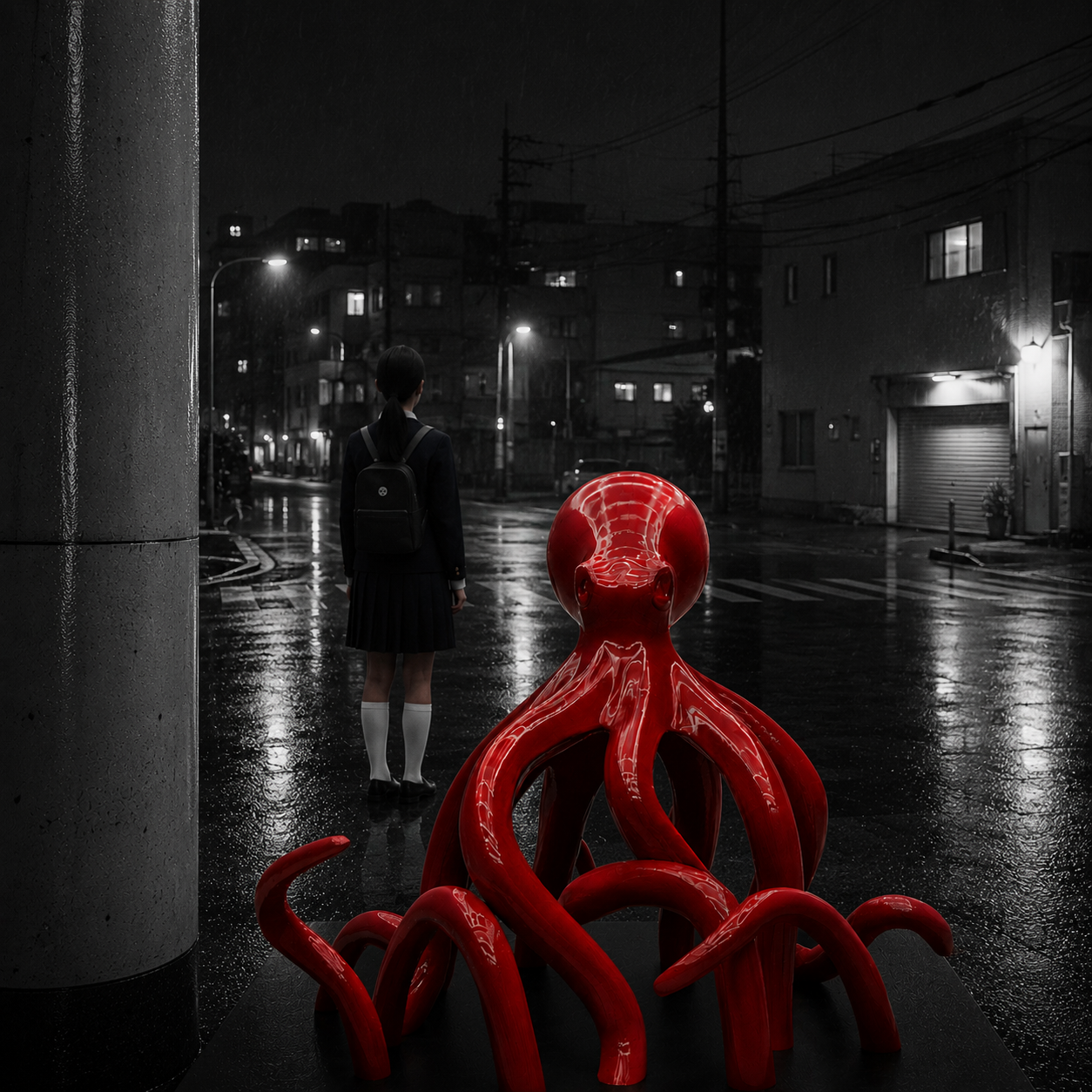 Hiro Ando Crimson Tentacles Sentinel of the Tide contemporary Japanese Neo Pop sculpture featuring vivid crimson octopus forms cinematic Tokyo atmosphere marine mythology reflective textures and contemporary urban visual aesthetics.