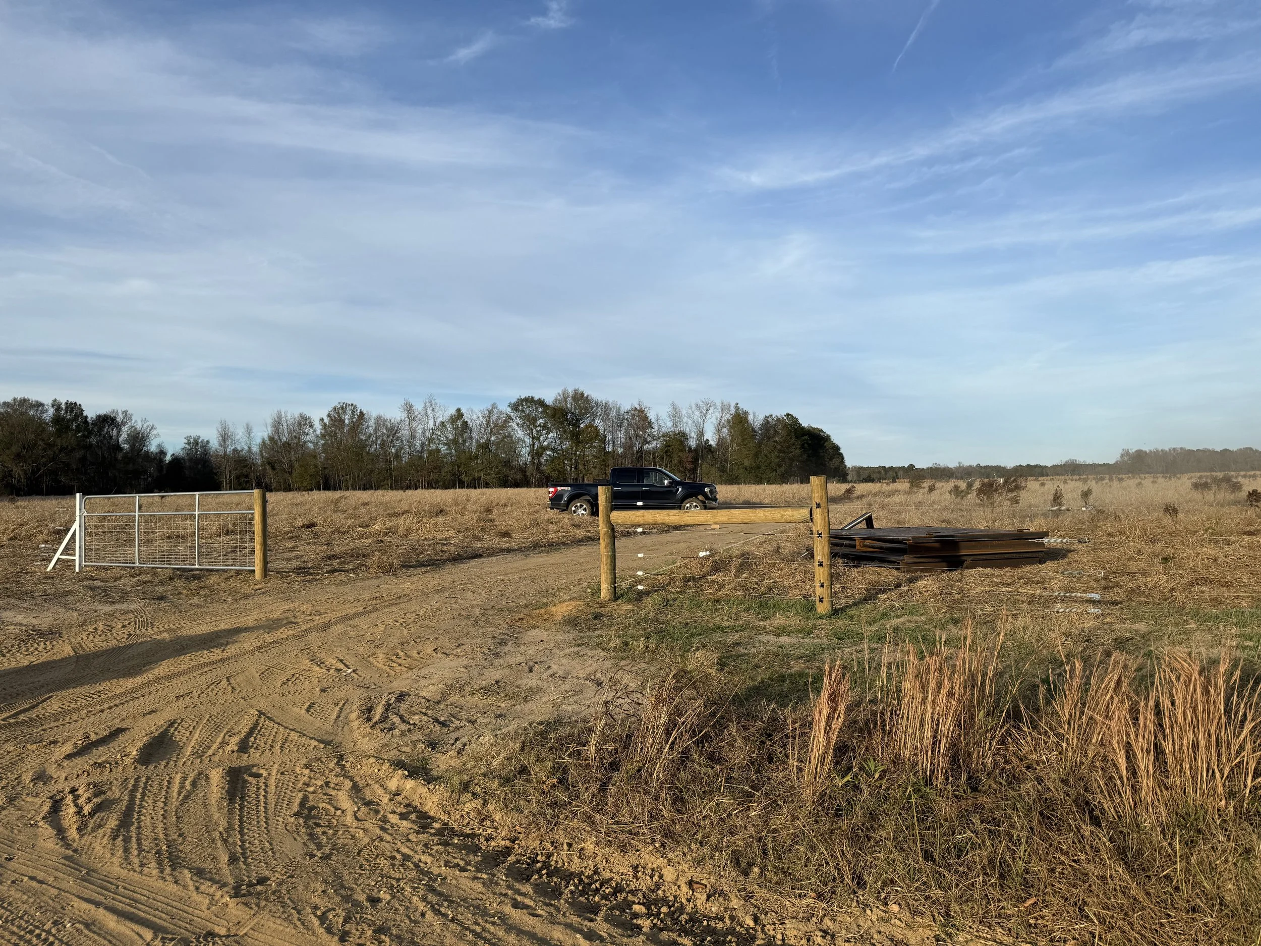 Open field with dirt path, a black truck, black metal fence, wooden posts, and a line of trees under a blue sky with scattered clouds.