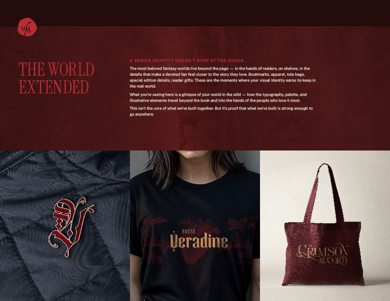 Banner promoting fantasy world merchandise, featuring close-up of embroidered fabric, a person wearing a 'House Veradine' T-shirt, and a maroon tote bag with gold lettering.