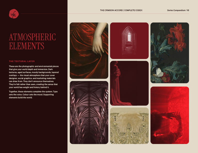 Gallery of images with dark, dramatic, and artistic elements including a person's hand in red velvet, architecture with stained glass, classical statue, floral painting, gothic ceiling, ancient parchment with decorative motifs, and a red-tinted figur