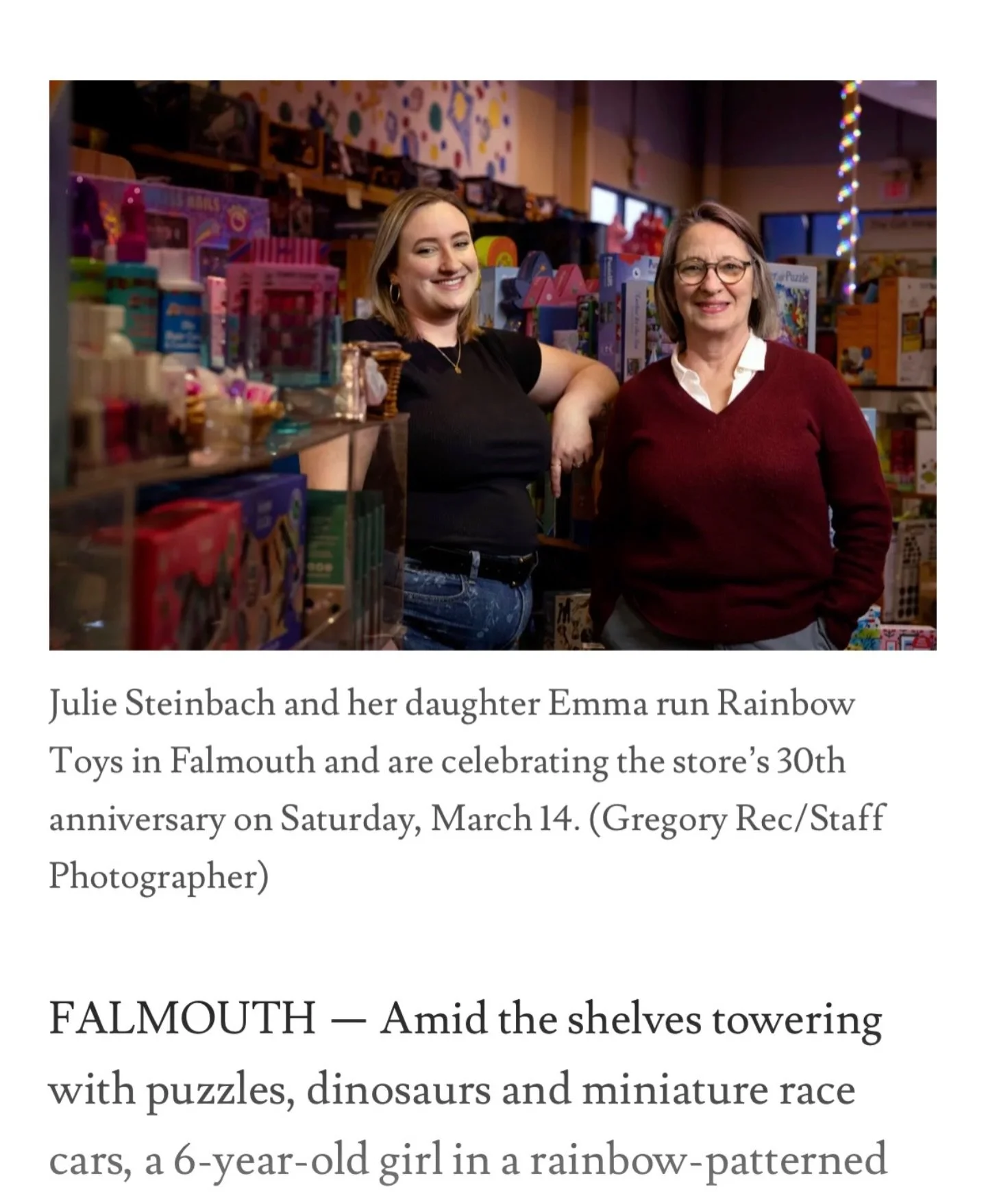 Thanks so much to Sophie Burchell and the Portland Press Herald for the great article about our 30th anniversary of owning Rainbow Toys! We are very appreciative and feel very seen and celebrated!! 🎉🌈🎉

Link in stories 

@pressherald