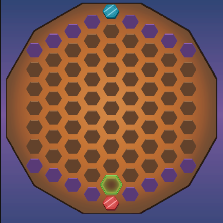 The goal of the game is to create a chain of hexes from your side of the board to the opponent's side. The players take turns placing pieces on the board starting on their home hex until one player has created an unbroken chain from their home hex to