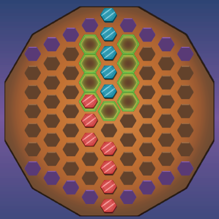 The player's get two actions per turn. They can either flip over an opponent's piece, or place a new hex in an empty hole. Both actions can only be done on a hex adjacent to that player's chain, marked here in green for blue's turn.