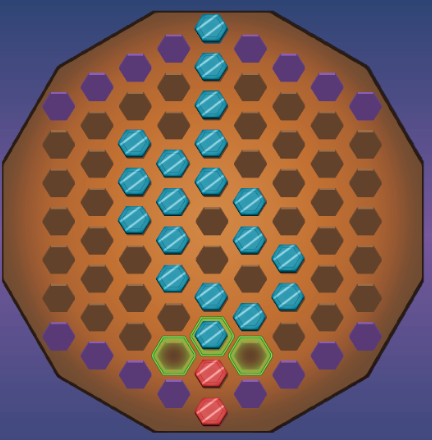 ... they flip to the other player's colour and become part of their chain!

In this example, red may still have a chance because they lost 9 tiles, they now get to place 4 total hexes on their turn! This comeback mechanic adds a layer of strategy to 