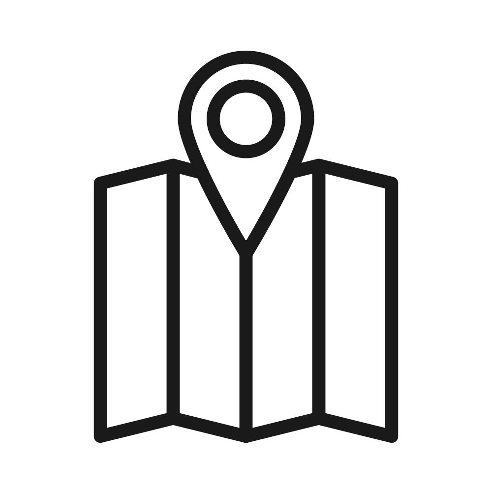Line drawing of a map with a location pin icon at the top.