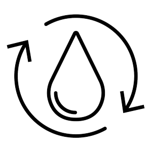 A black and white icon depicting a water droplet with circular arrows around it, symbolizing water recycling or conservation.