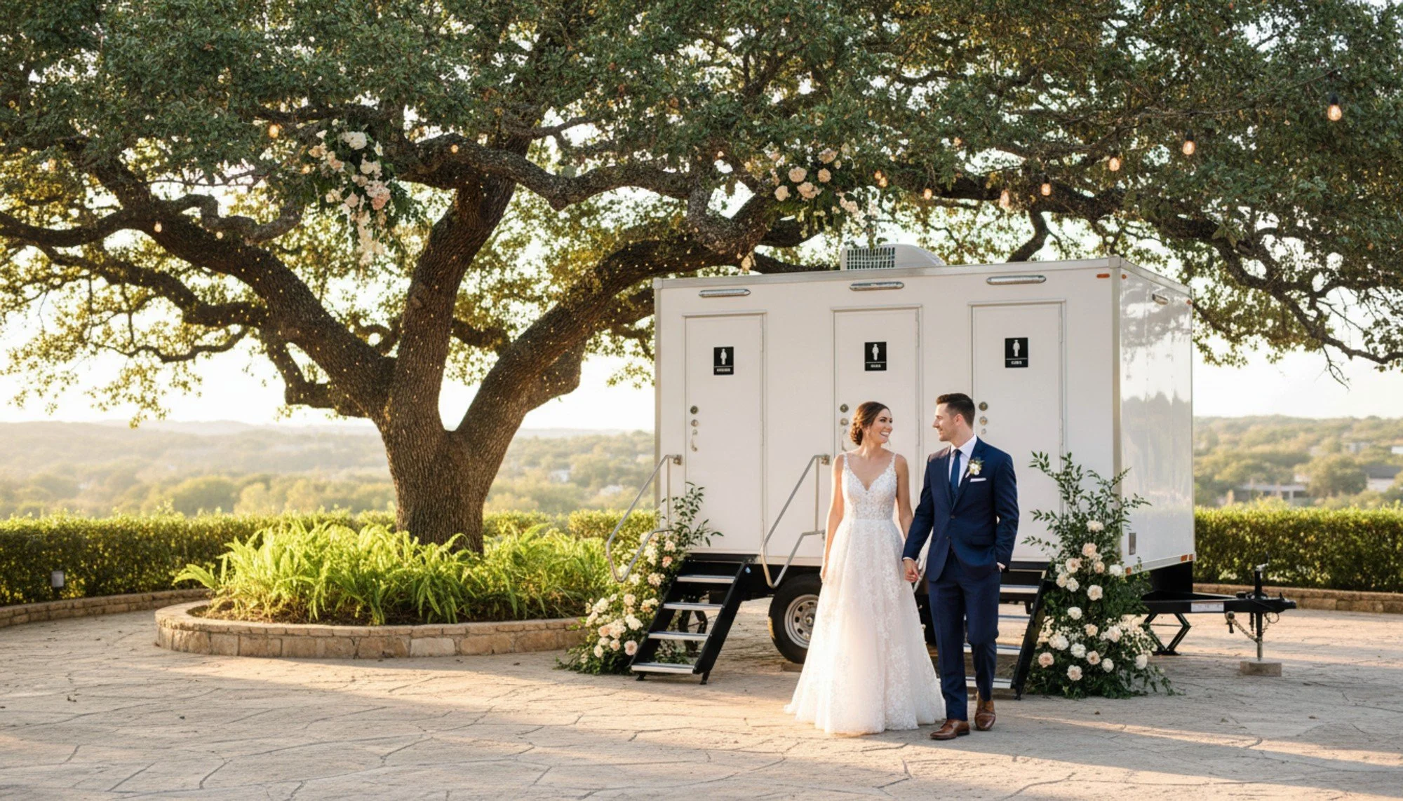 A bride and groom holding hands and smiling at each other outdoors during their wedding. They are standing in front of a white portable restroom trailer decorated with floral arrangements, under a large tree with string lights. The scene is set on a paved area with greenery and a distant landscape in the background.