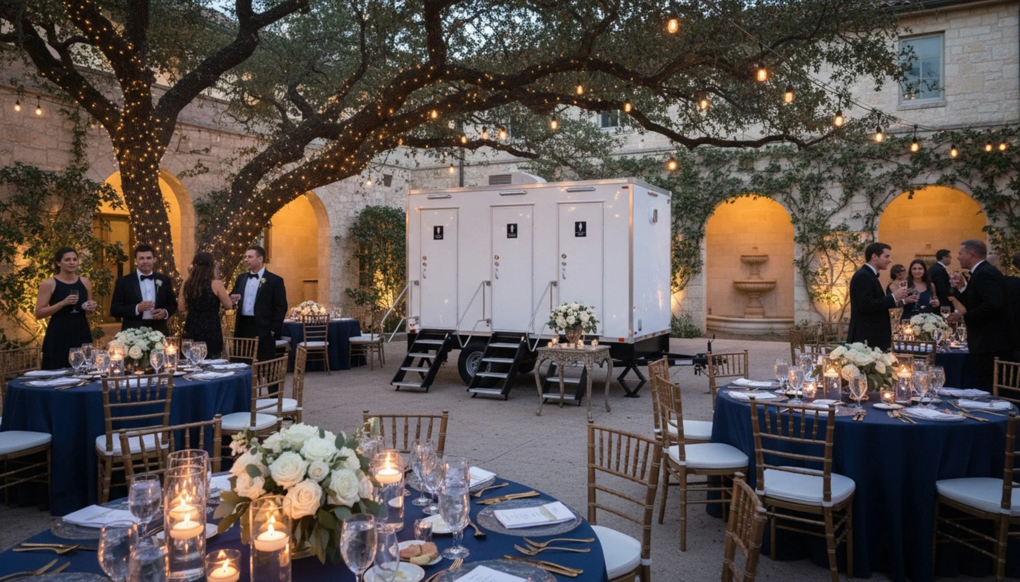 Elegant outdoor wedding reception with blue-draped tables, gold chairs, floral centerpieces, string lights, and a portable restroom trailer amidst trees and an old stone building.