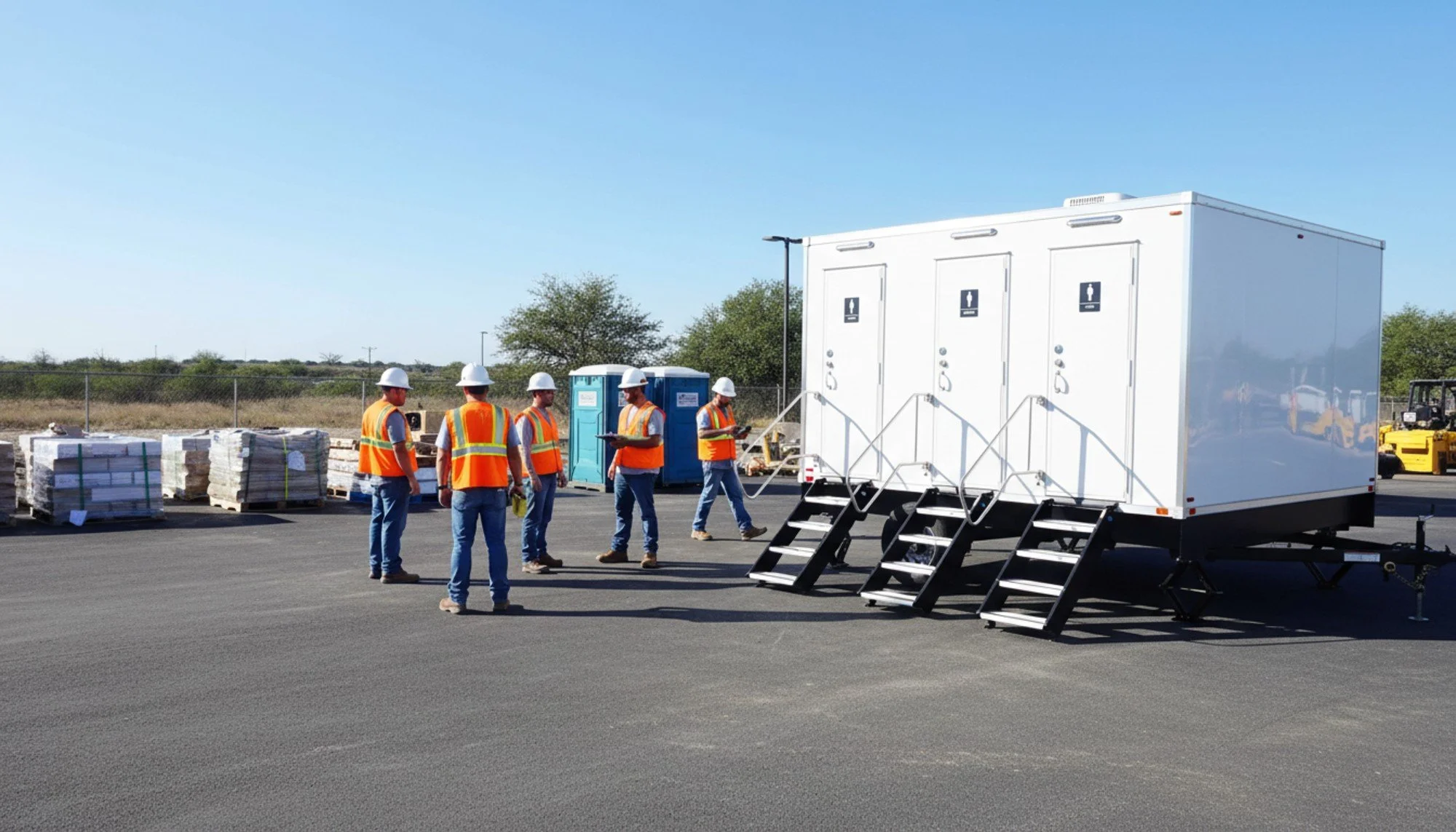 Construction workers in orange safety vests and white hard hats standing outside a mobile restroom trailer, with portable toilets and construction materials nearby.