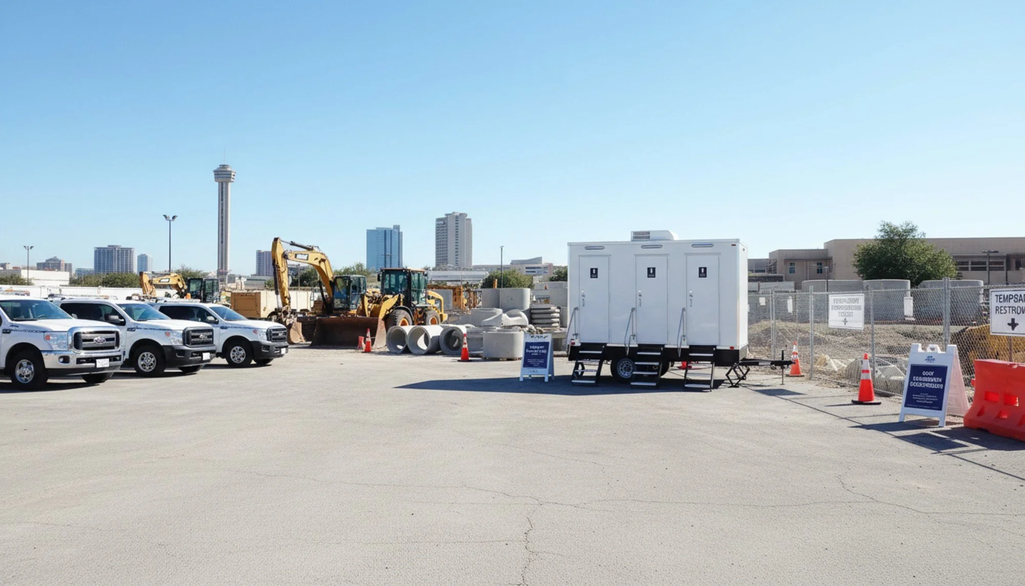 Construction site with parked white trucks, construction equipment, large concrete pipes, and a white mobile office trailer, with a city skyline and tall building in the background.