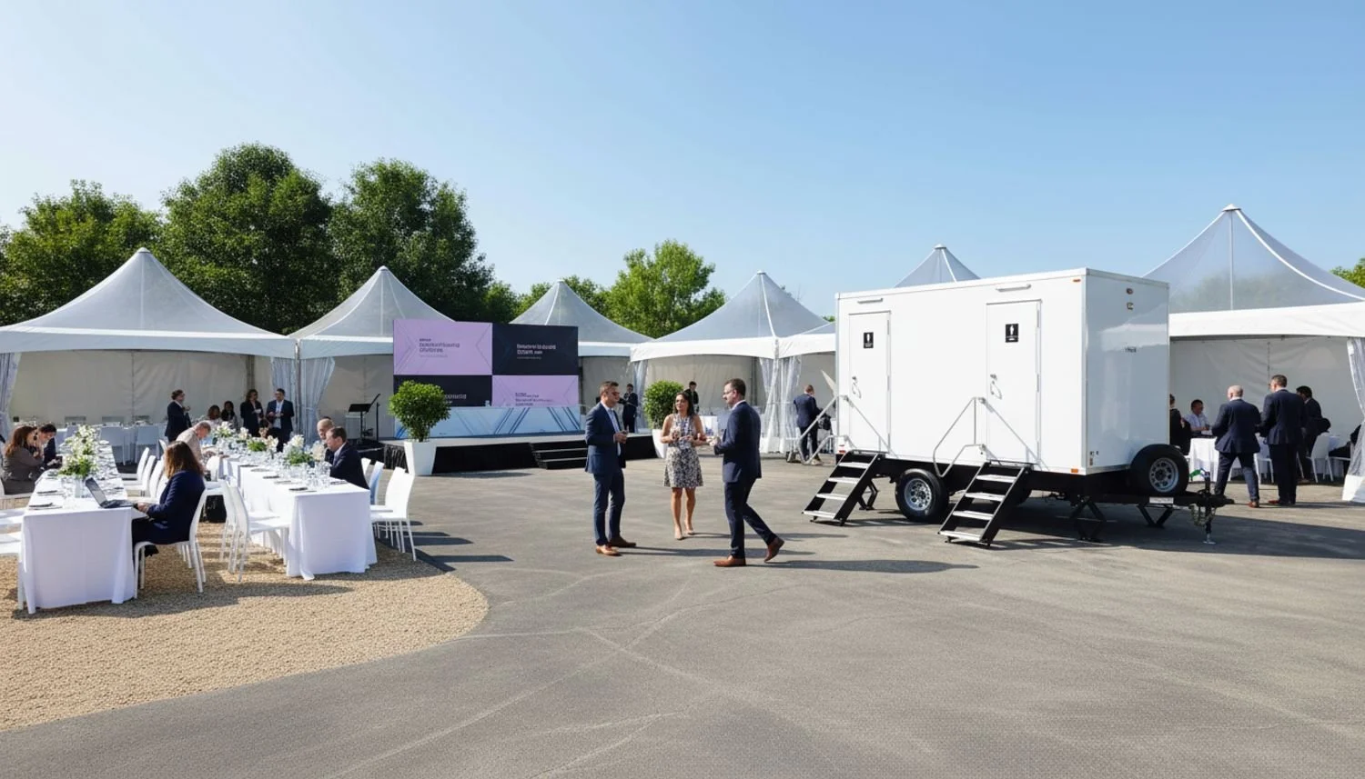 Outdoor event set up with white tents, tables with white tablecloths, and people in business attire mingling and sitting. There is a large digital screen and a mobile stage, with some trees in the background under a clear blue sky.