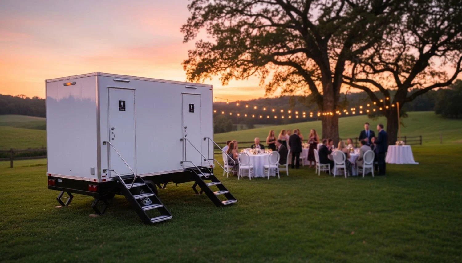 Outdoor evening event with people gathered around tables, string lights hanging from trees, and a portable restroom trailer in a scenic grassy area at sunset.