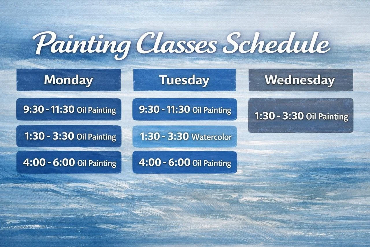 Painting classes schedule with days and times listed for Monday, Tuesday, and Wednesday on a blue background with a painted sky and water design.
