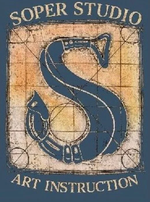 A logo comprised of a paint brush and sculpting tool forming the letter "S". Text above reads 'SOPER STUDIO' and below 'ART INSTRUCTION'.