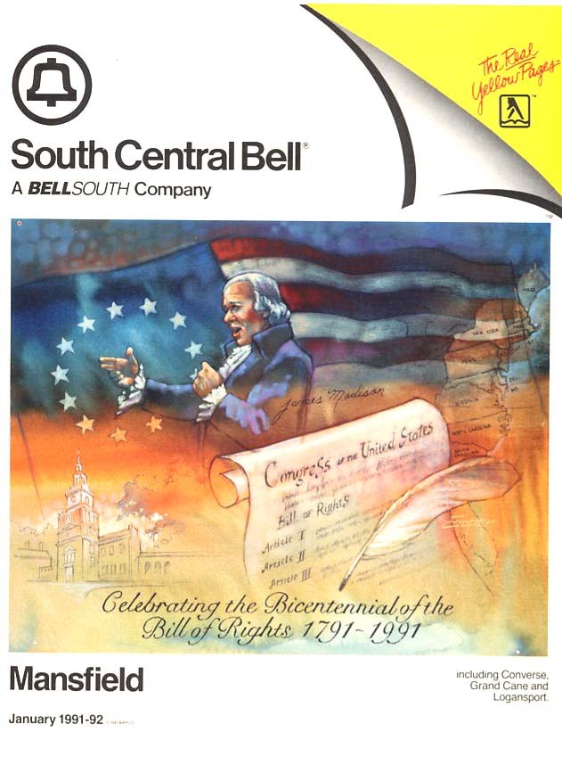 A cover page for South Central Bell celebrating the bicentennial of the Bill of Rights from 1791 to 1991, featuring a painting of a man speaking with a backdrop of the American flag, a scroll with constitutional articles, and a town scene, dated January 1991-92.