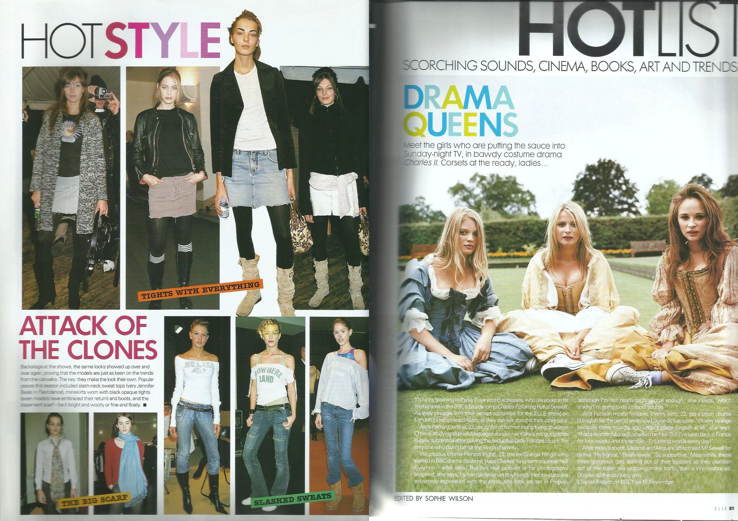 Double page spread from ELLE UK December 2003 showing different women posing casually at events on the left and on the right three white women in period clothing sitting on the grass