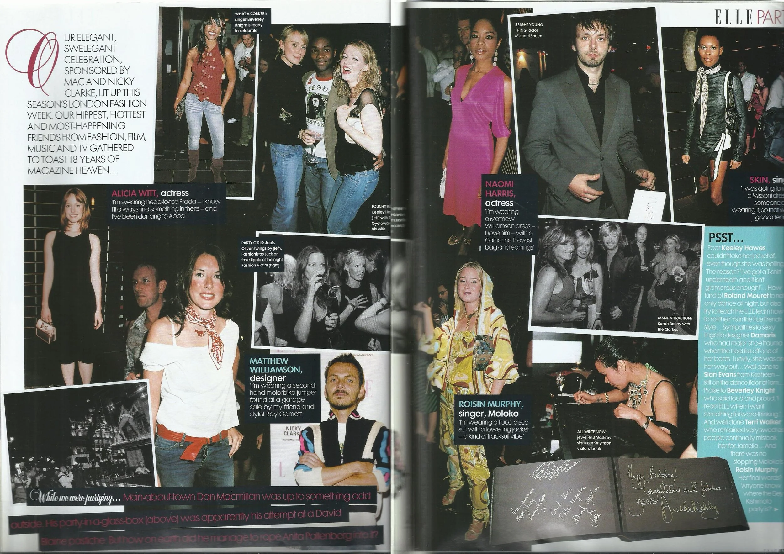 Double page spread from ELLE UK December 2003 featuring various people at a party