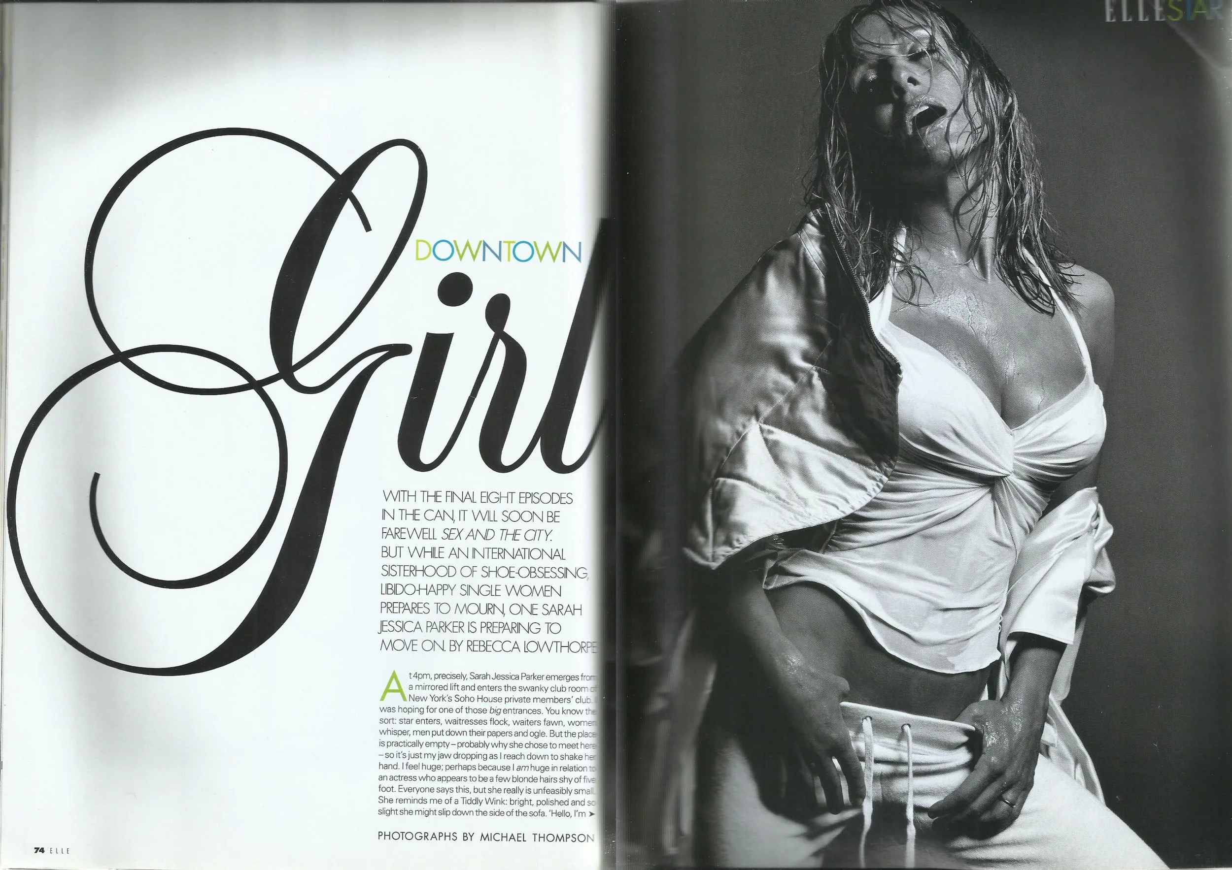 Double page spread from ELLE UK December 2003 Featuring actress Sarah Jessica Parker in a Black and white photo on the right