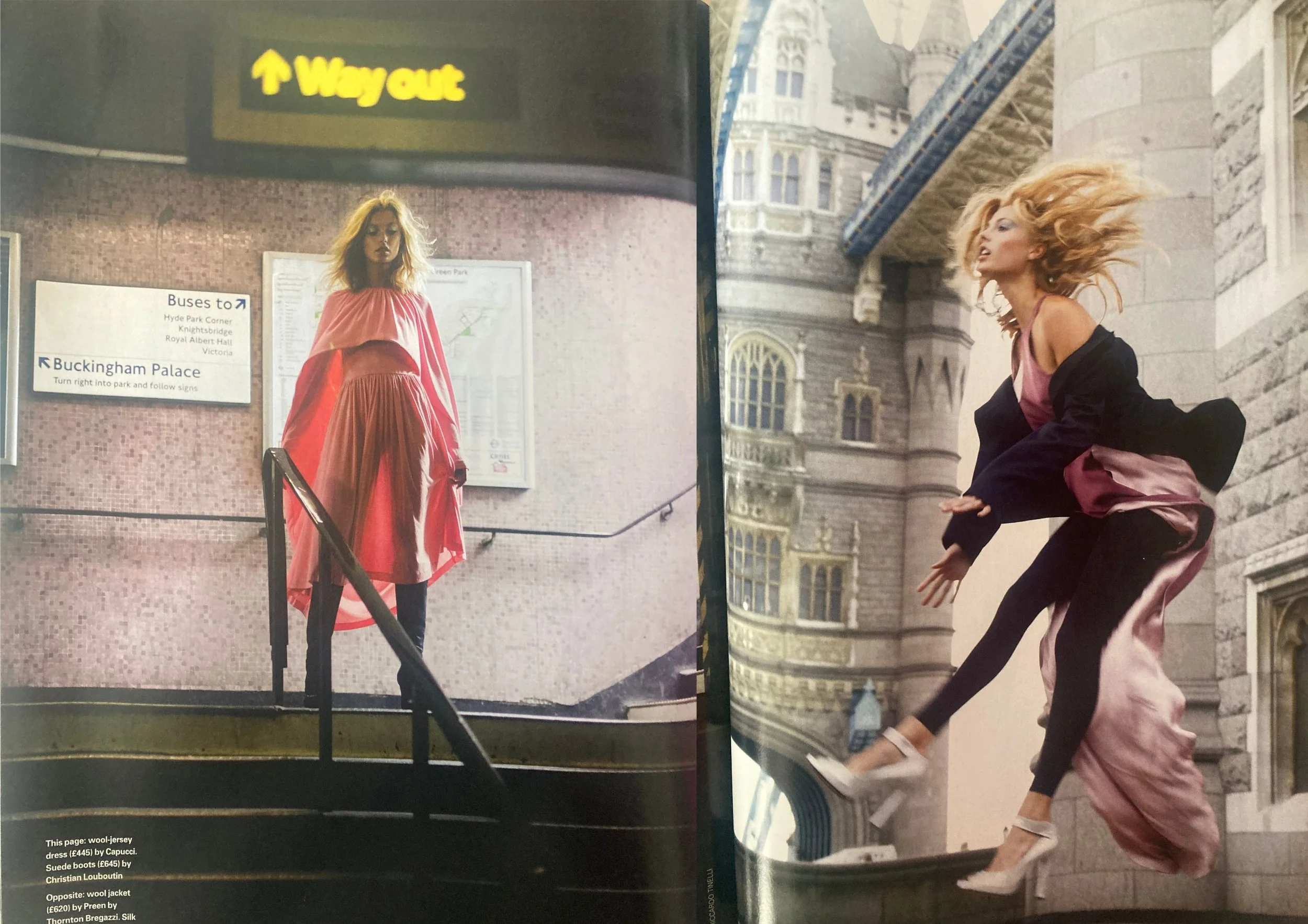 Double page fashion editorial from ELLE UK December 2003 showing a white woman with long blonde hair wearing a pink dress and black boots on the left and jumping in the air wearing a pink and black outfit on the right.