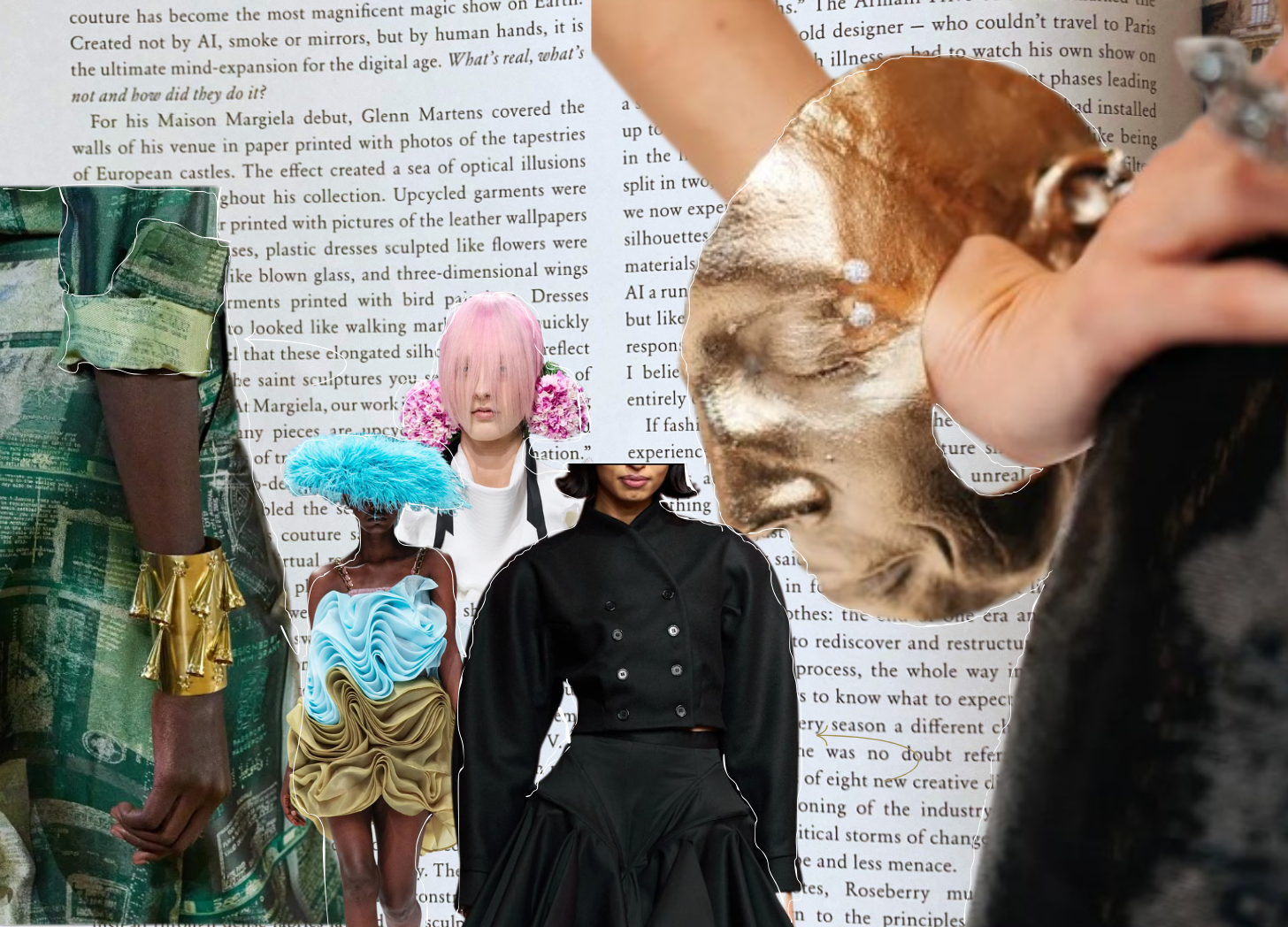 Image shows various models from fashion shows with magazine text in the background.