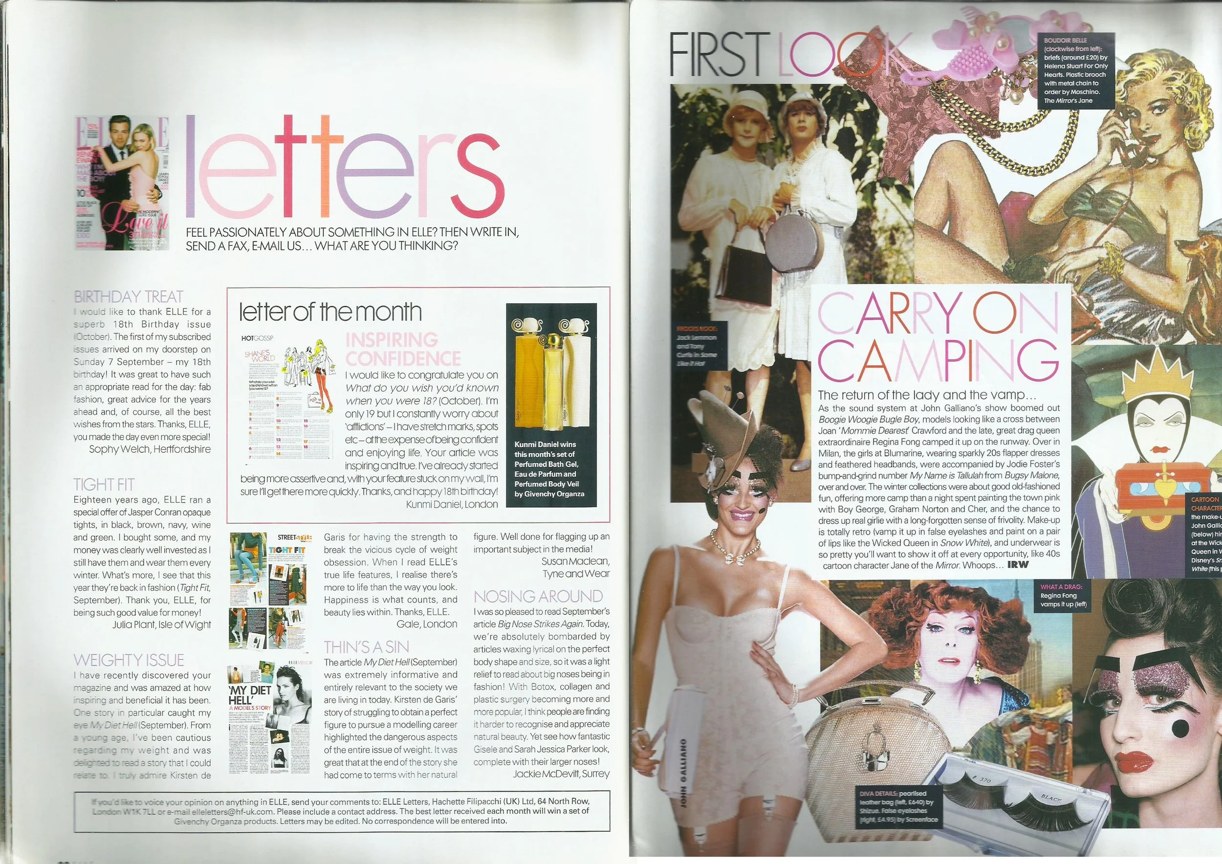Double page fashion editorial from ELLE UK December 2003 with text and images of models on the right showcasing various makeup looks.