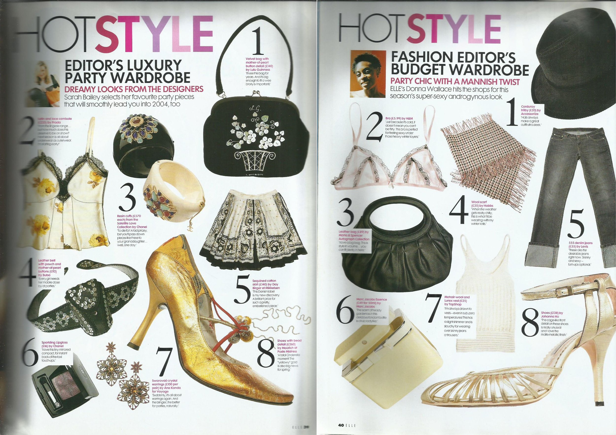 Double page fashion editorial from ELLE UK December 2003 showing various clothing and accessories.