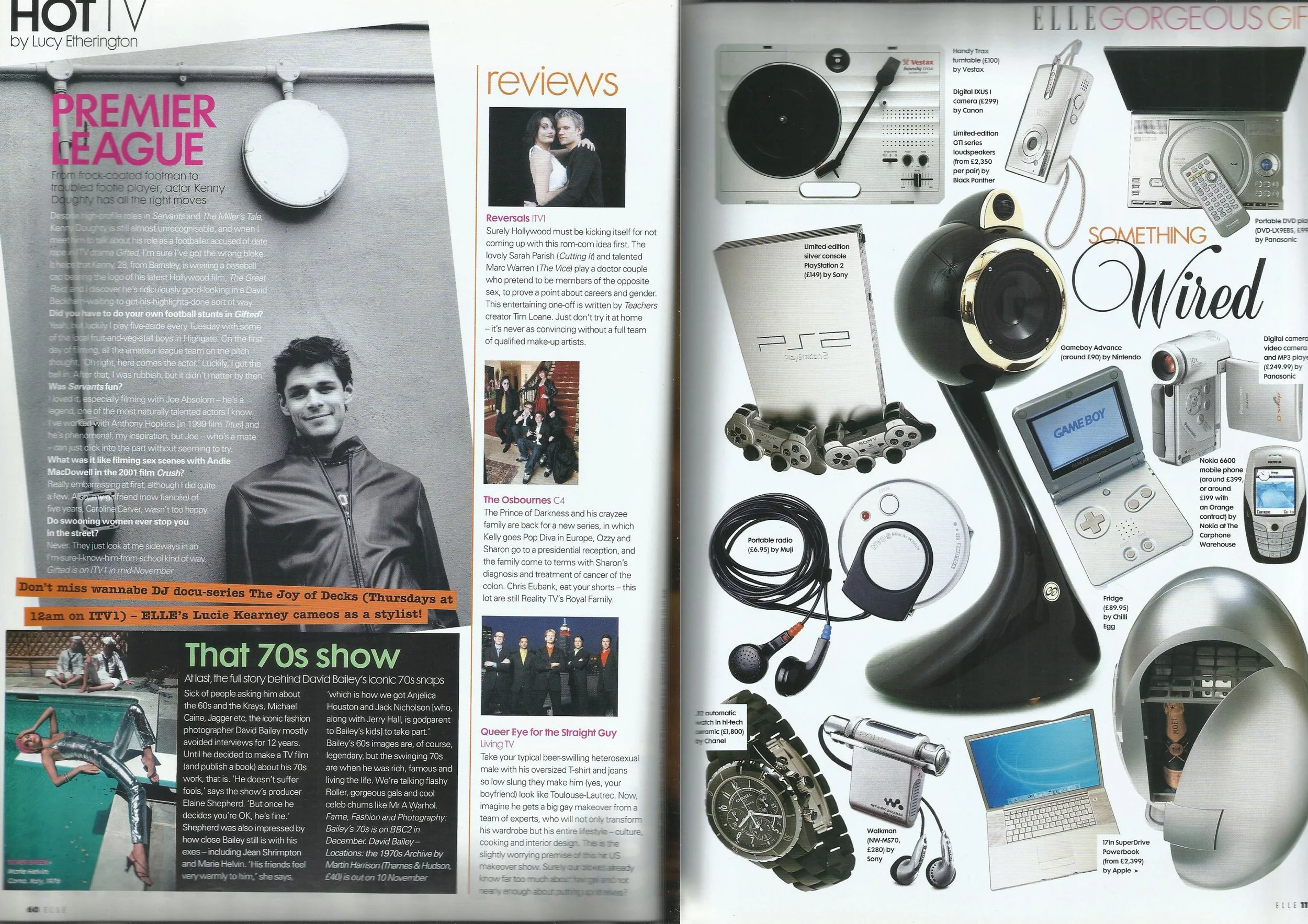 December 2003 ELLE UK Christmas gift guide with various tech gadgets like digital cameras and a PS2