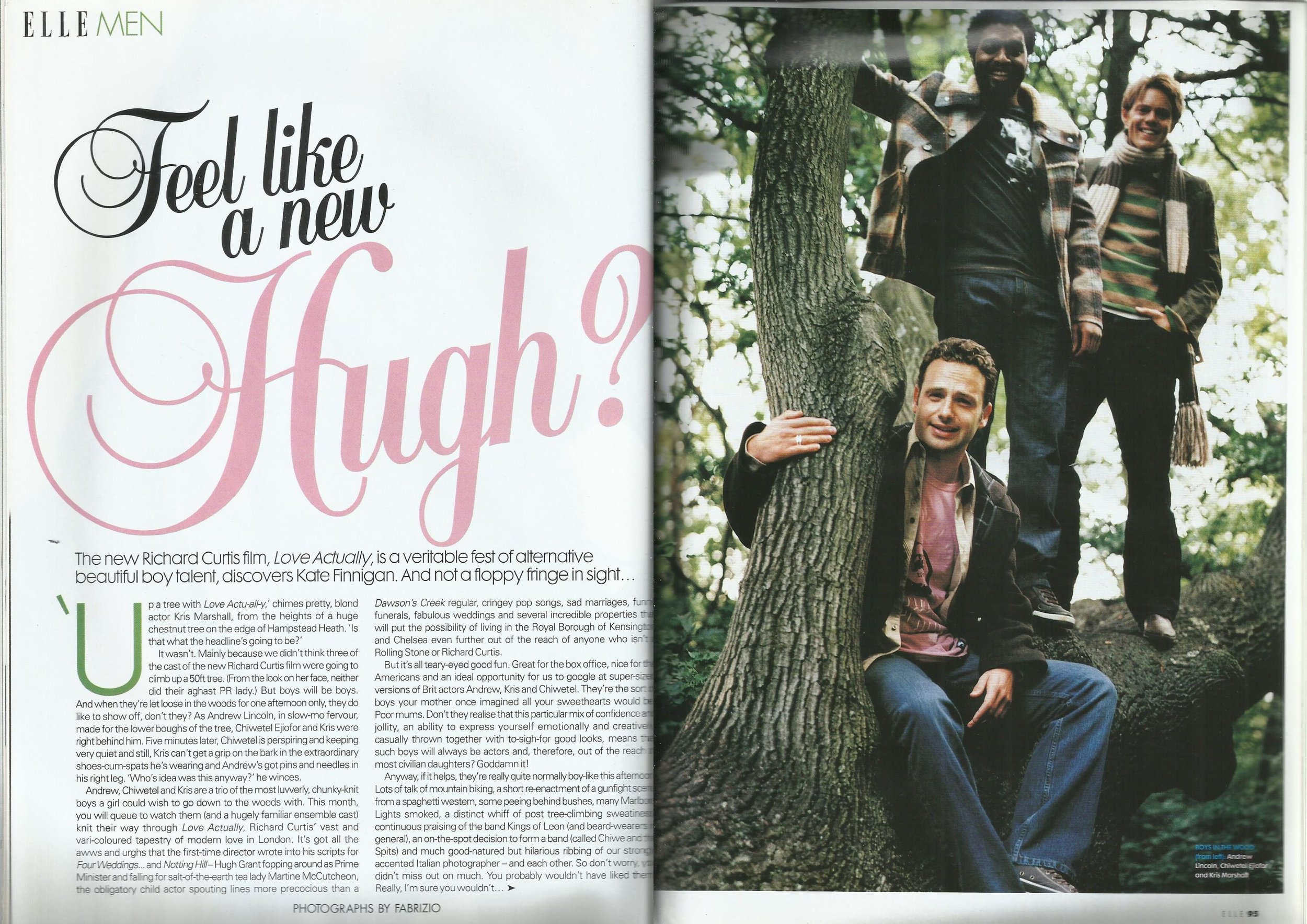 Double page spread interview from ELLE UK December 2003 with an image of  three men in a tree on the right