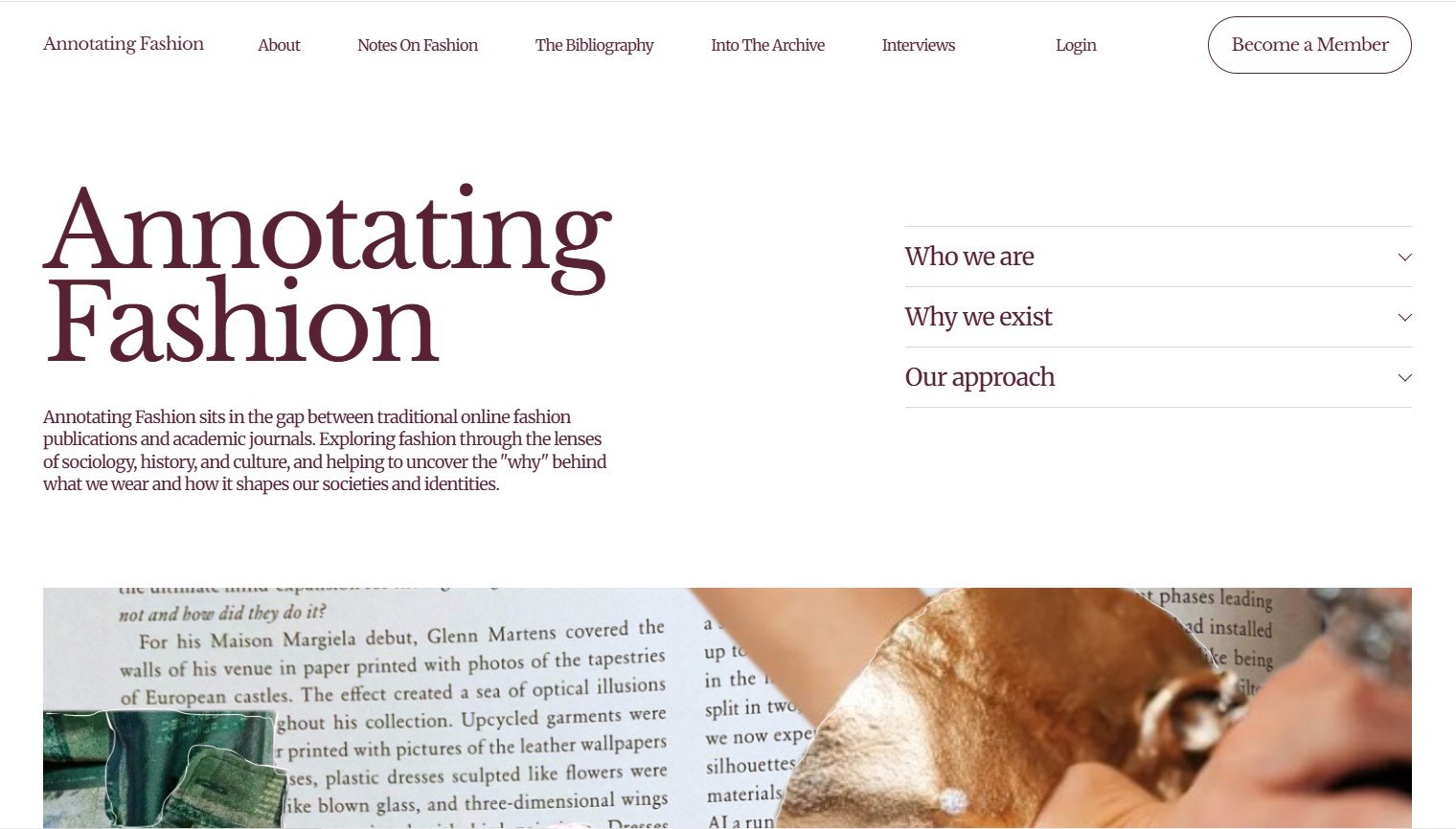 Image shows the homepage of Annotating Fashion, set on a white background and burgundy writing and the top of a collaged photo