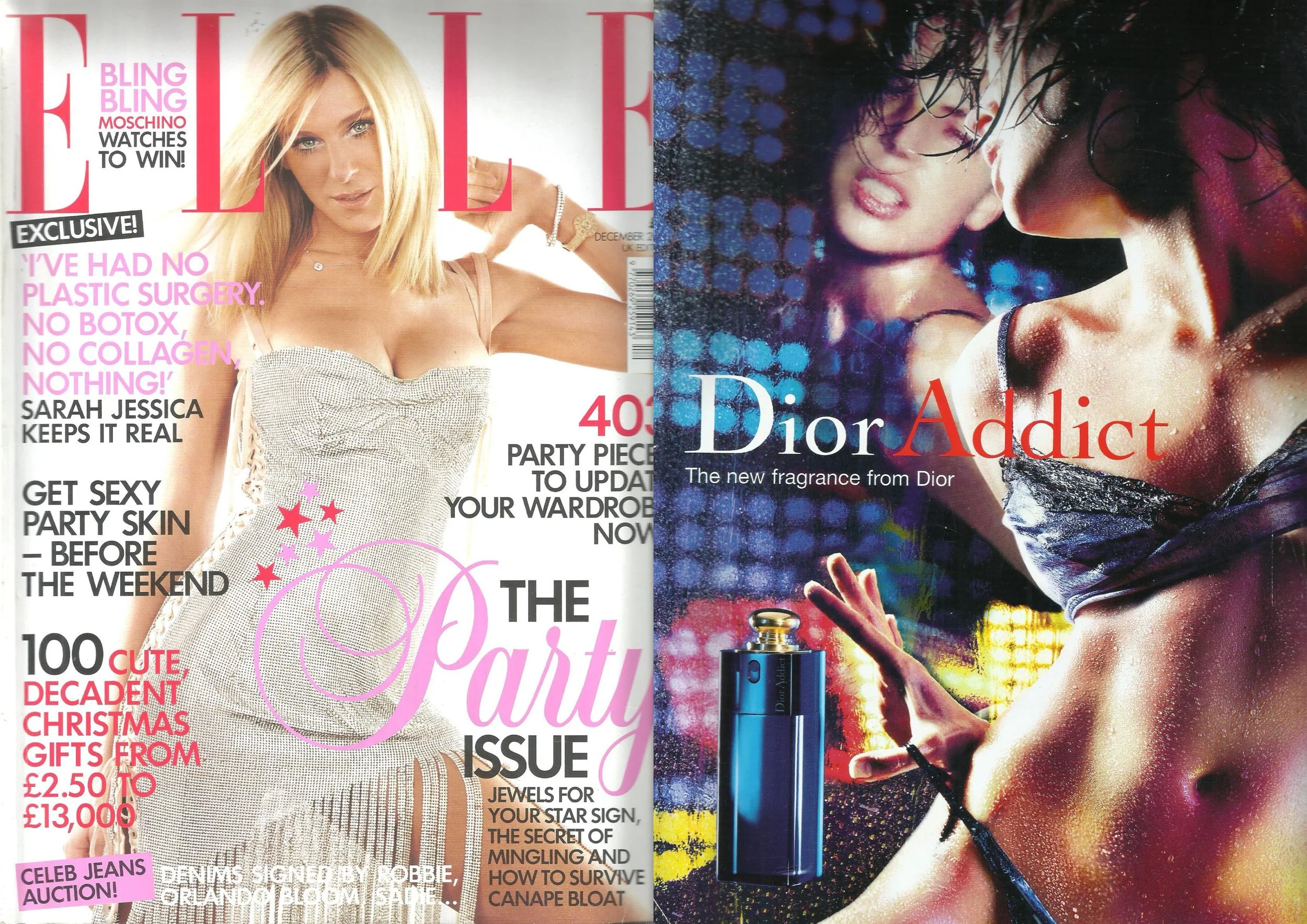 Cover of ELLE UK December 2003 featuring Sarah Jessica Parker in a Dolce & Gabbana outfit against a neutral background.