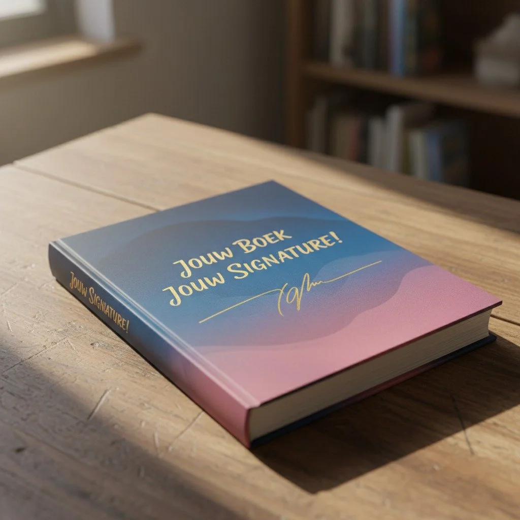 Een boek met de titel 'Jouw boek, Jouw handtekening!' ligt op een houten tafel, met een boekenplank op de achtergrond.