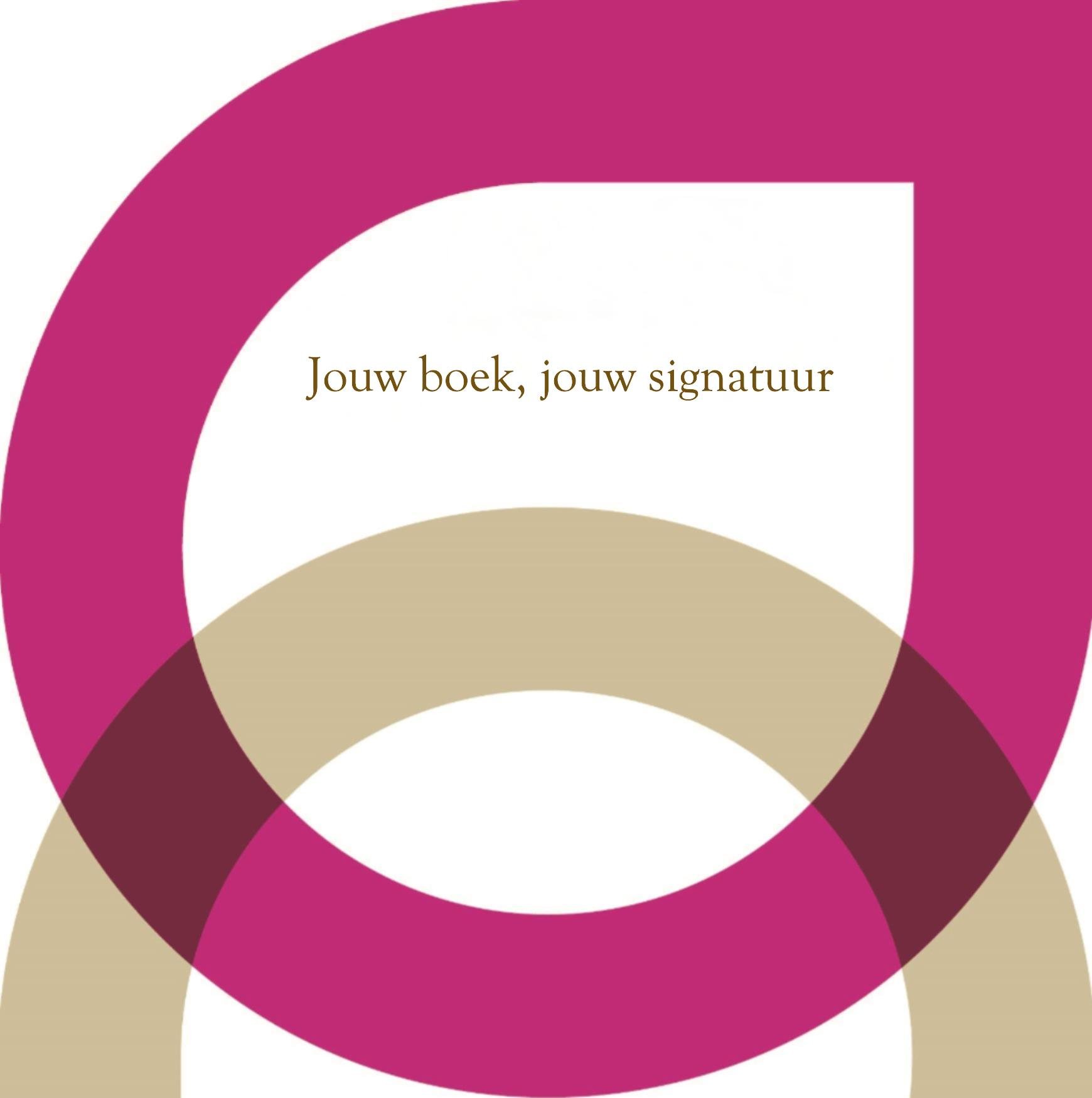 Een overzichtskaart met overlappende cirkels in roze, beige en donkerrood, met de tekst 'Jouw boek, jouw signature' in het midden.