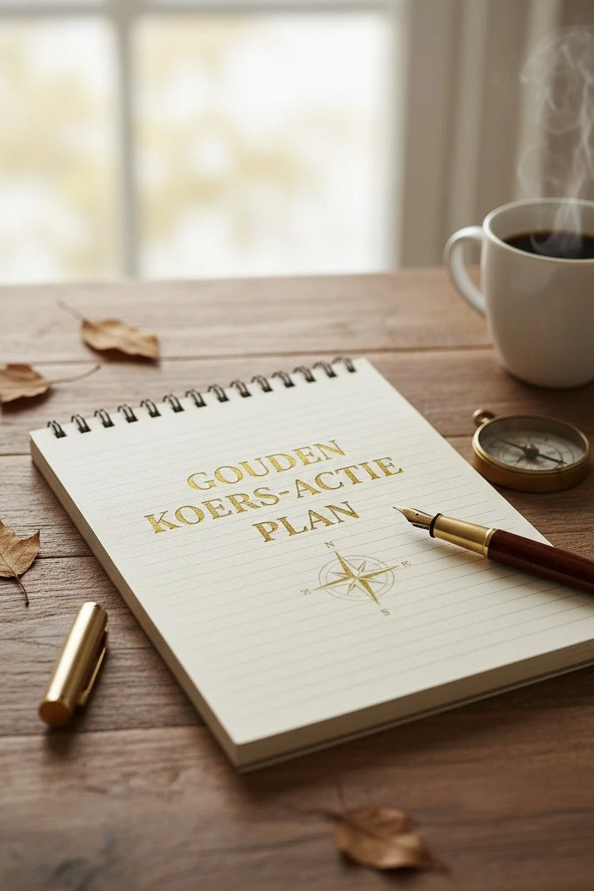 Een notitieboekje met de tekst 'Gouden Koers-Actie Plan', een pen, een kopje koffie, een kompas en wat droge bladeren op een houten tafel, met een raam op de achtergrond.