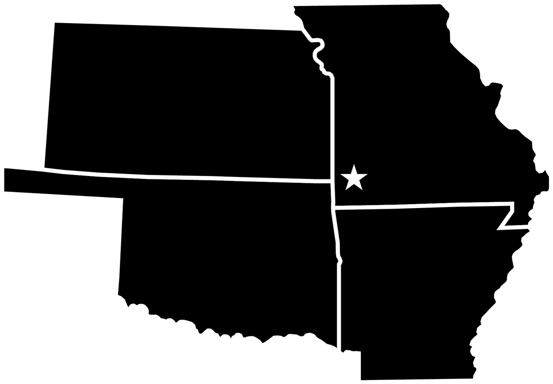 Outline map of the Missouri, Oklahoma, Kansas, and Arkansas