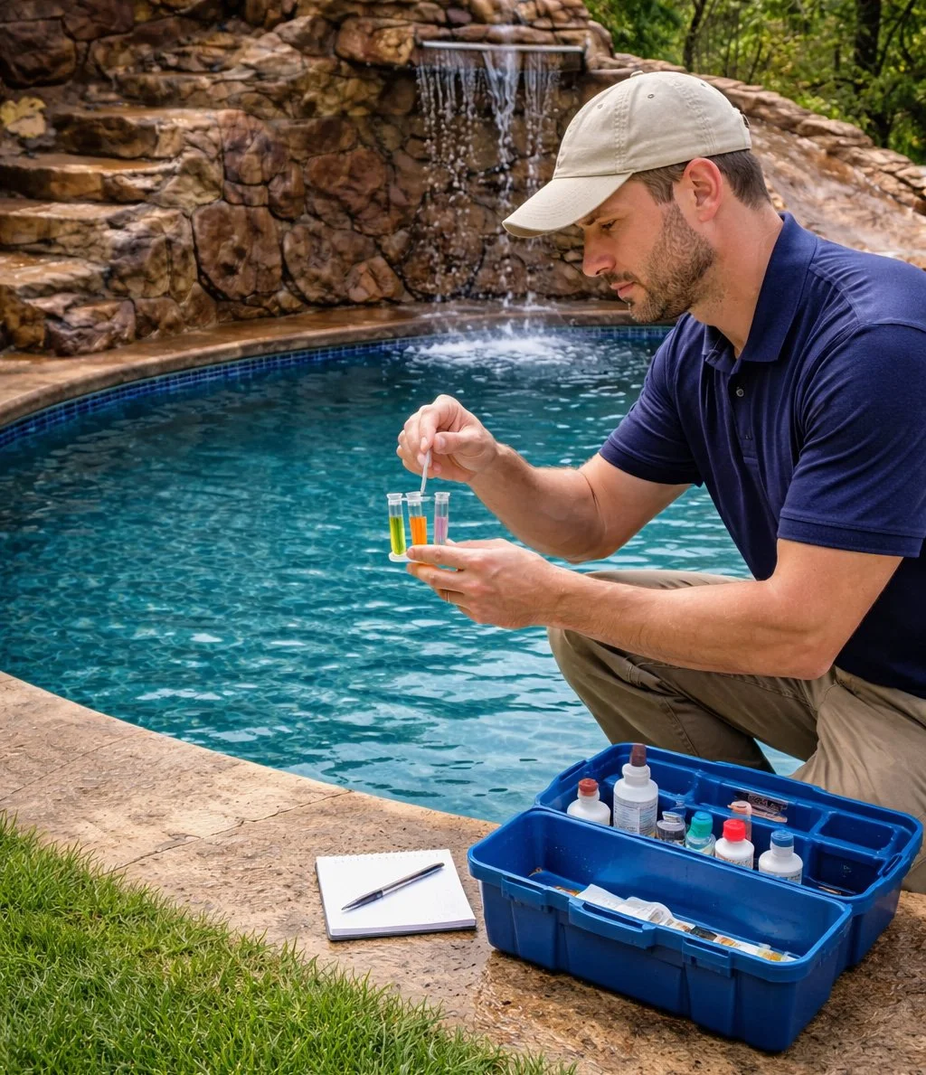 A man in a beige cap and navy polo shirt kneels by a swimming pool, conducting a water test using test tubes from a blue testing kit, with a notebook and pen on the poolside.