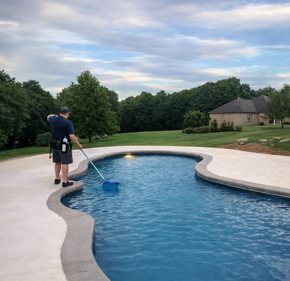 A man in a navy shirt and shorts is cleaning a backyard swimming pool with a net. The pool is surrounded by a concrete patio, with a grassy yard, trees, and a house in the background.