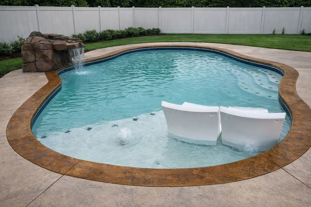 Backyard swimming pool with a spa, waterfall feature, and lounge chairs partially submerged in the water, surrounded by a concrete deck and a white privacy fence.