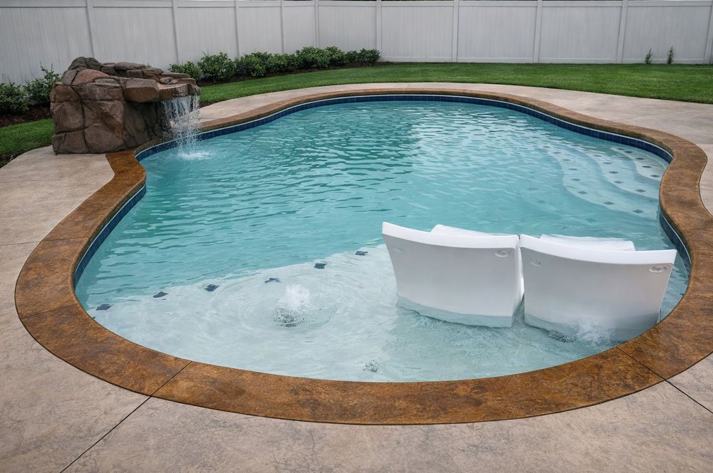 A backyard swimming pool with a rock waterfall feature, a concrete deck, and two pool chairs partially submerged in the water, surrounded by a white fence and green lawn.