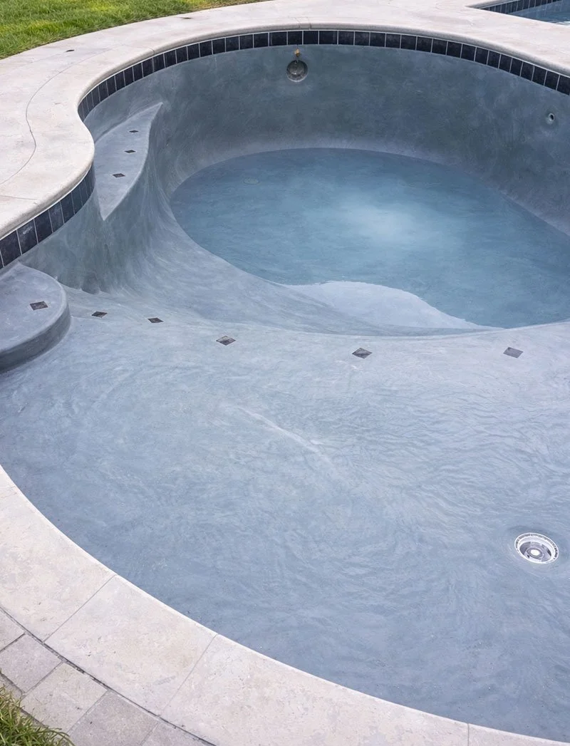 Empty backyard swimming pool with a curved shape, tiled edge, and a small step ladder, surrounded by a concrete deck and some grass.