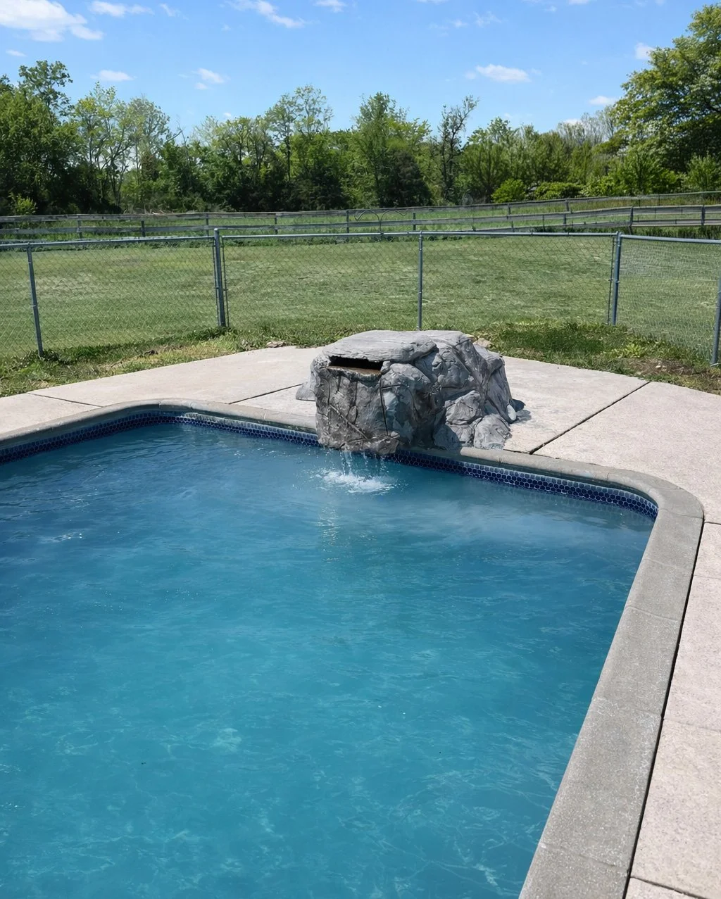 A backyard swimming pool with a small waterfall feature made of artificial rocks, surrounded by a concrete deck and a chain-link fence, with green grass and trees in the background under a blue sky.