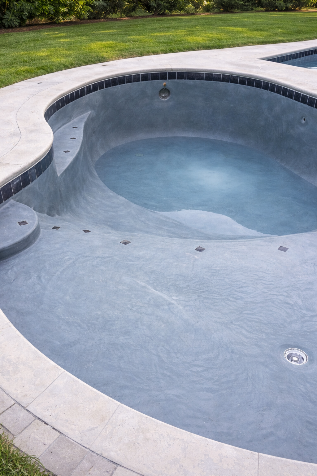 Empty outdoor hot tub with water and a grassy lawn in the background.