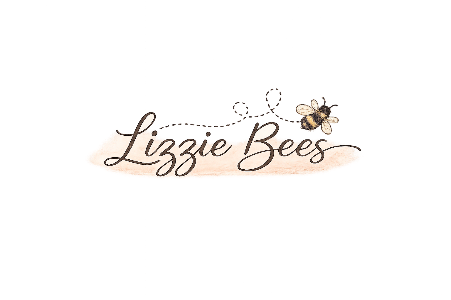 Logo for Lizzie Bees with a pink watercolor background, featuring a bee and the text 'Lizzie Bees' in a cursive font.