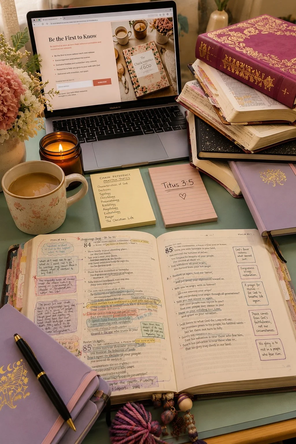 A study desk with a laptop displaying a webpage about the characteristics of God, surrounded by open textbooks, notebooks, a cup of coffee, a lit candle, a flower arrangement, and various stationery items for study.