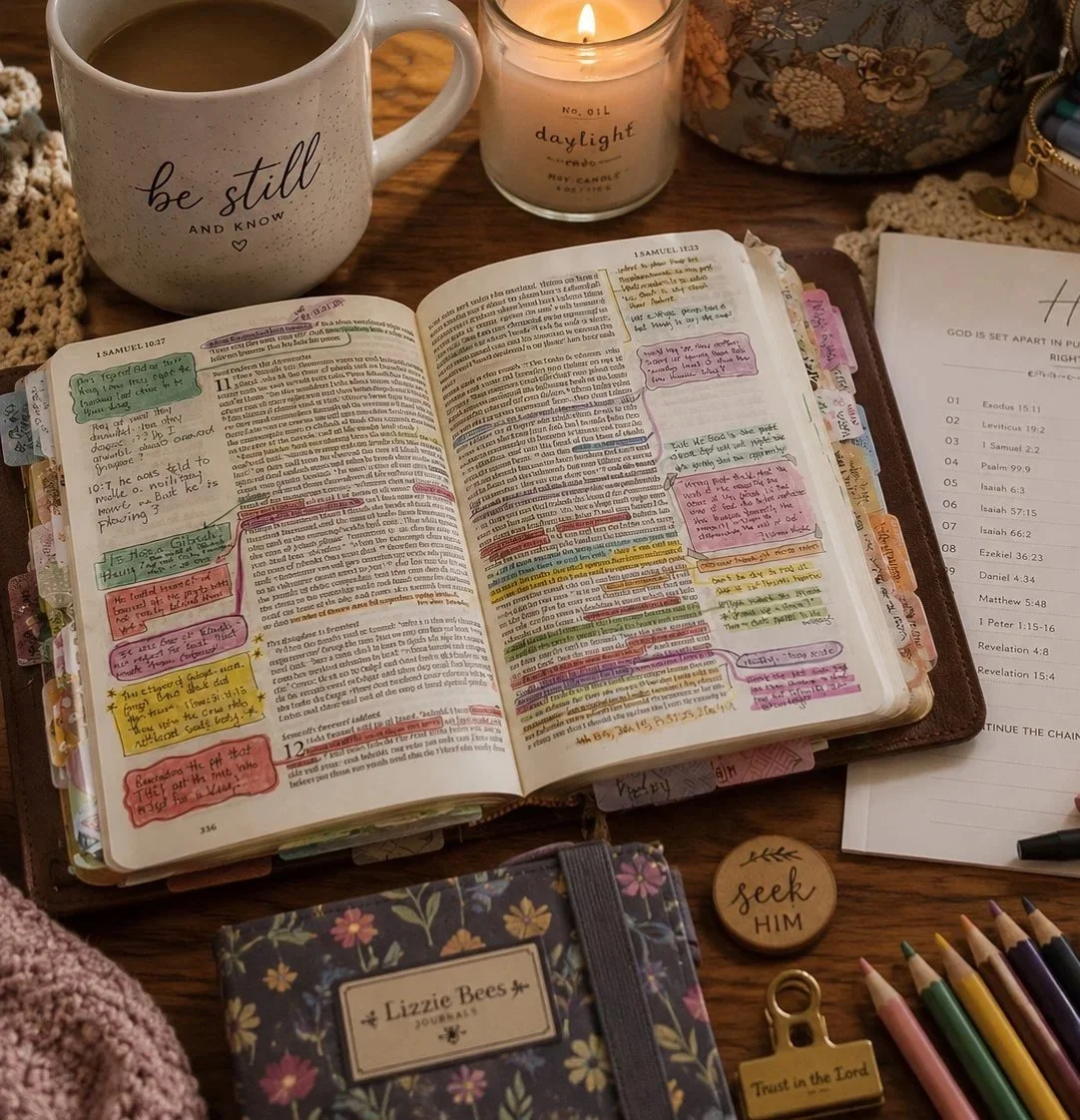 Open Bible with colorful highlighted passages and handwritten notes, surrounded by a cup of coffee, a lit candle, a notebook, colorful pens, a 'seek him' button, and a 'trust in the Lord' keychain on a wooden table.