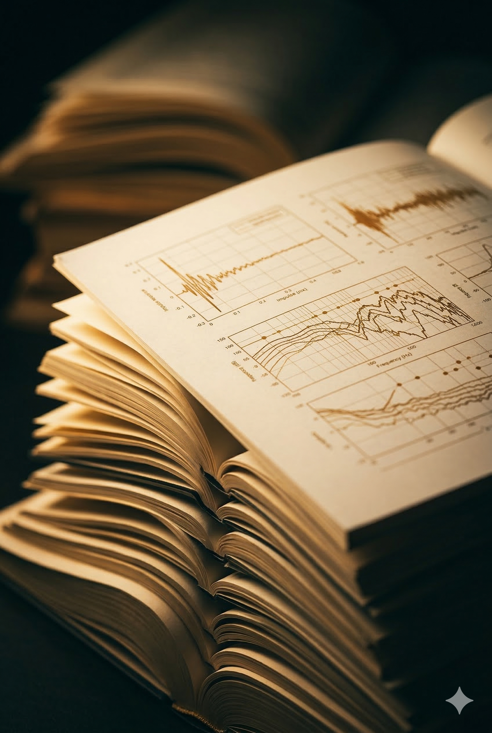 Open book with printed scientific graphs and charts, stacked on top of other books.