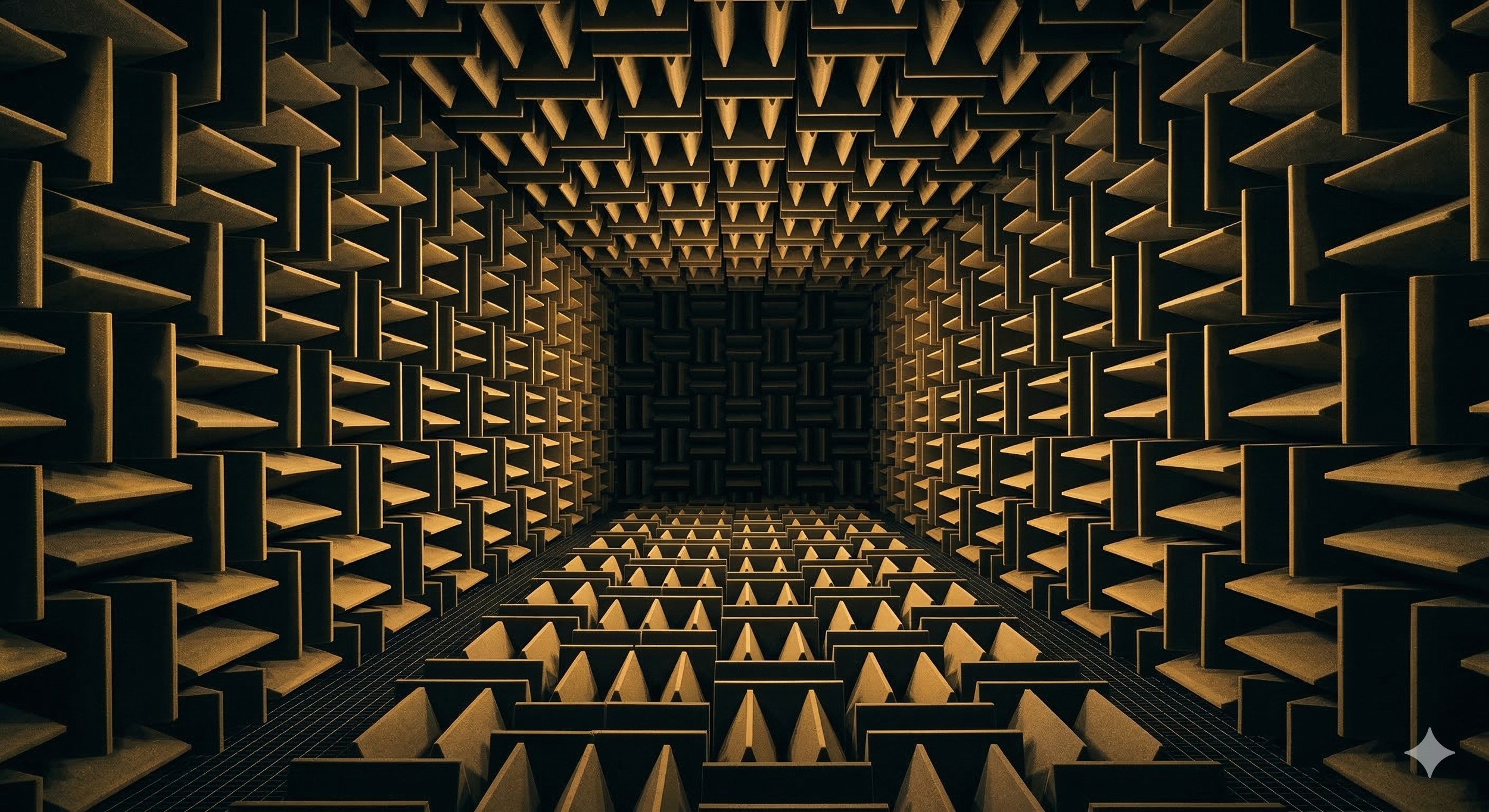 An anechoic chamber with walls, ceiling, and floor covered in black foam acoustic panels with pyramid shapes, creating a soundproof environment.