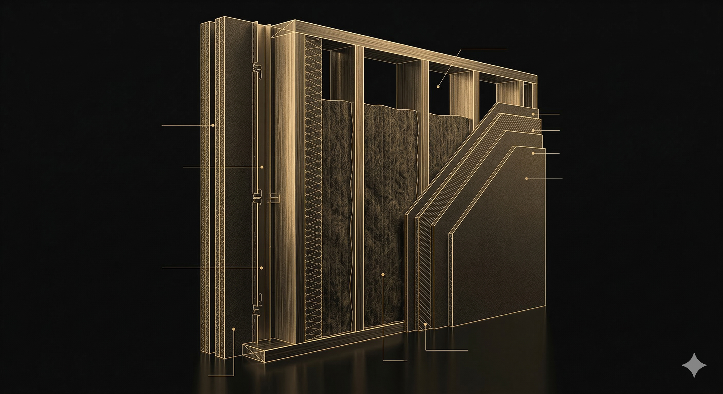 A detailed cross-sectional view of a building's wall showing multiple layers of insulation, structural components, and exterior cladding in gold on a black background.