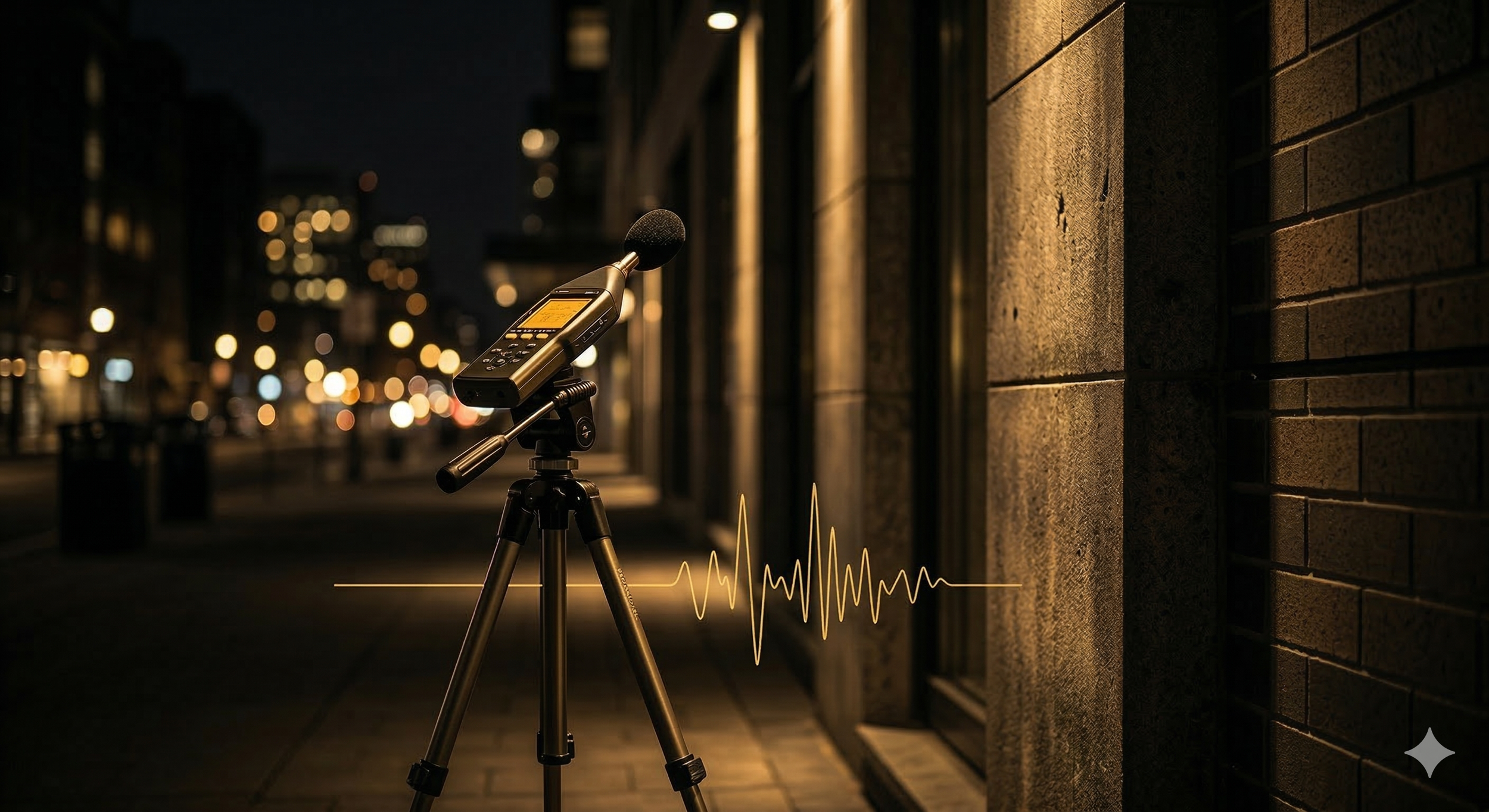 A microphone on a tripod set up on a city sidewalk at night, with blurred city lights in the background and a soundwave overlay.