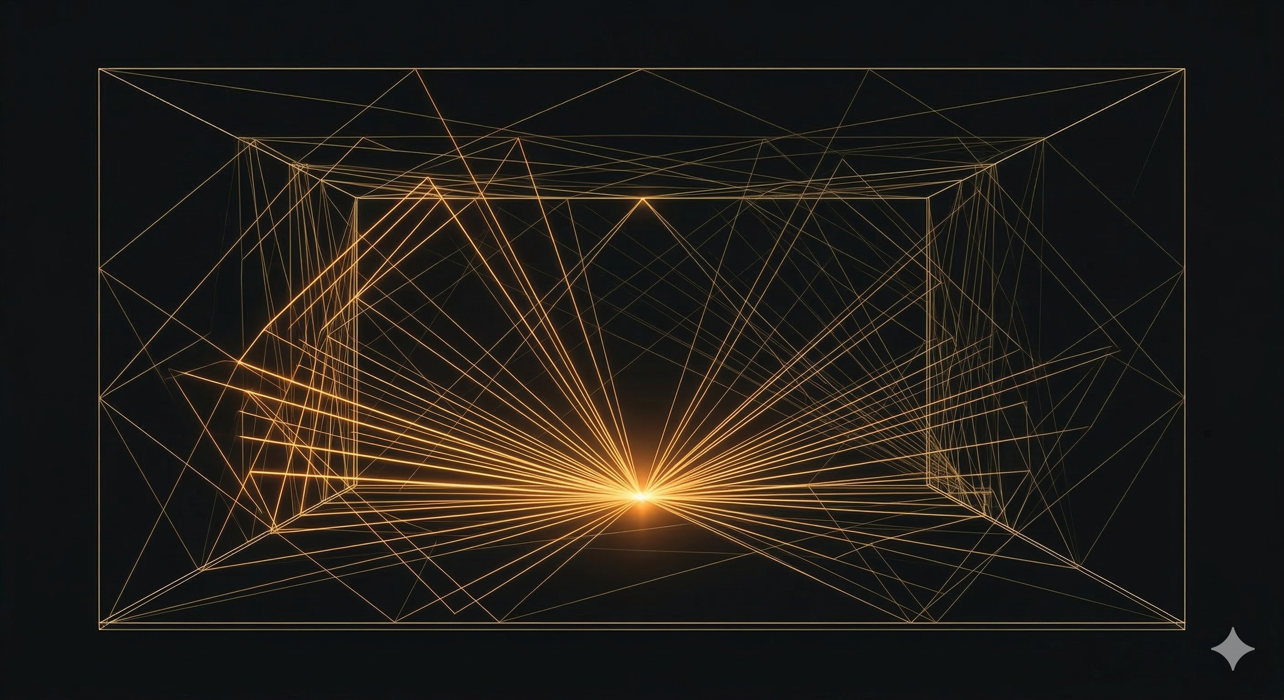 Futuristic digital wireframe tunnel with glowing gold lines forming a geometric 3D pathway converging at a bright central point, against a dark background.