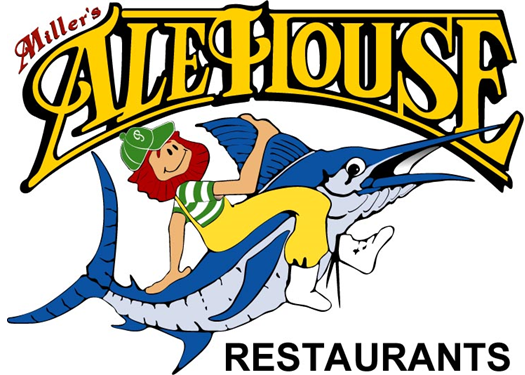 Colorful logo for Miller's Alehouse Restaurants featuring a girl with red hair, wearing a green hat and striped shirt, sitting on a stylized marlin fish with a long pointed bill, with the text 'Miller's Alehouse' above and 'RESTAURANTS' below.